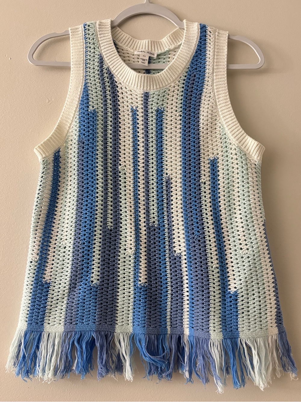 Tribal Blue & White Crochet Fringe Tank Top